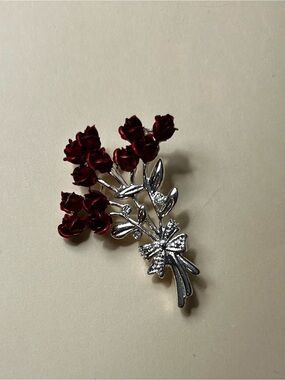 Silver Bow Bouquet Brooch with Deep Red Rose Accents